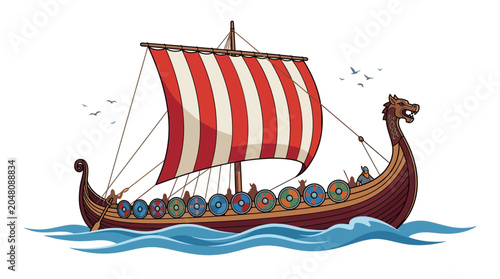 Illustration of a Viking longship sailing on the sea with a dragon figurehead and red and white striped sail.