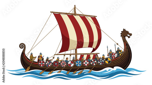Illustration of a Viking longship sailing on the sea with a crew of warriors.