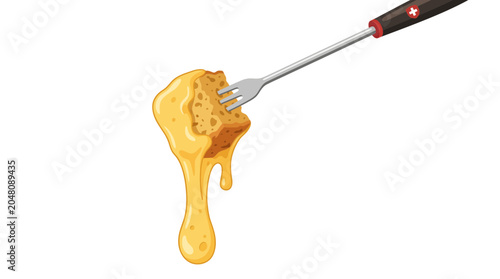 A piece of bread dipped in melted cheese on a fork, representing cheese fondue.