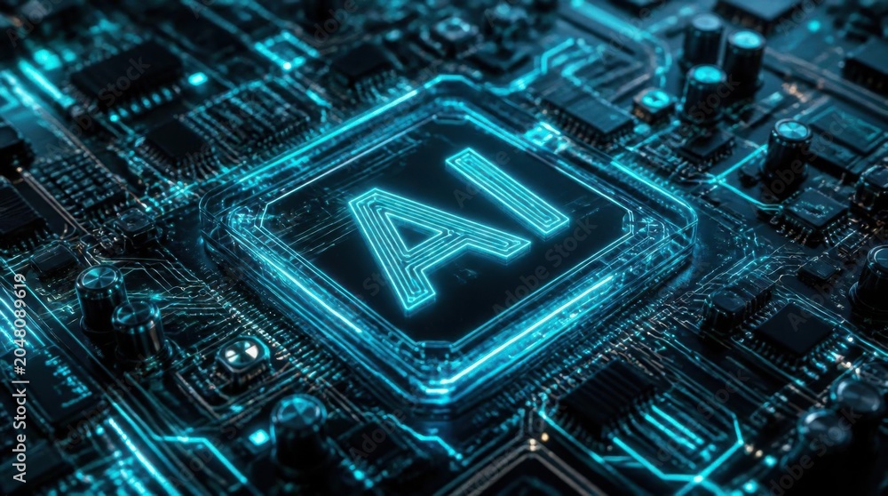 Fototapeta premium Glowing AI letters on a futuristic microchip circuit board representing artificial intelligence technology.