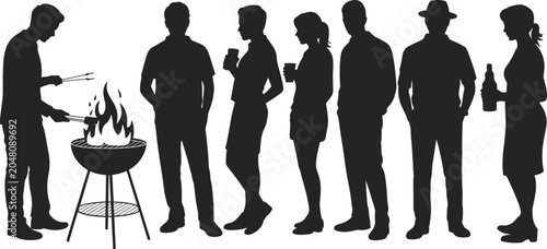 Silhouettes of people at a barbecue party with grill and drinks fire