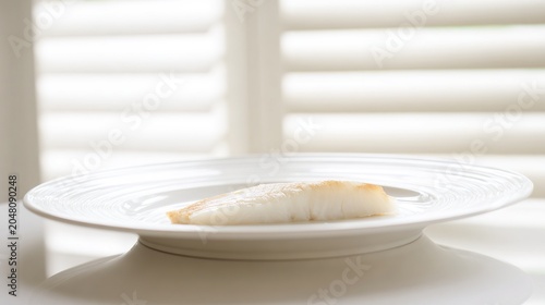 turbot. A white fish fillet on a ceramic plate in a fine dining setting. menu design, packaging mockups, designed for food delivery and cloud-kitchen brand materials, supports restaurant marketing.