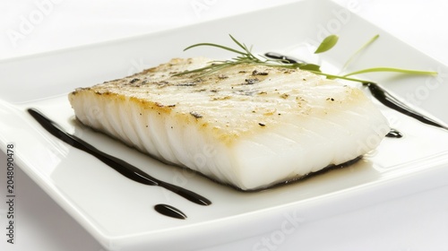 turbot. A white fish fillet on a ceramic plate in a fine dining setting. menu design, packaging mockups, designed for food delivery and cloud-kitchen brand materials, supports restaurant marketing.