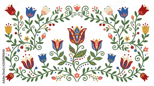 Cuadro en lienzo Symmetrical folk art flower arrangement with tulips and leaves.