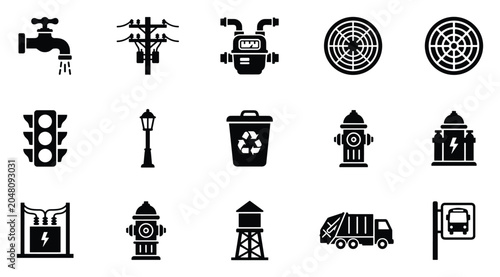 Photos Urban infrastructure and public services flat black vector icon set with traffic
