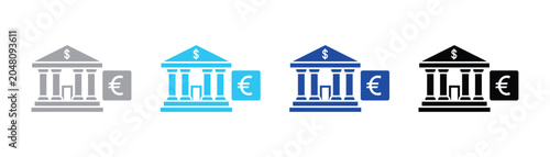 Bank building icon with dollar and euro currency symbols building currency illustration business financial investment commercial corporate structure architecture monetary silhouette