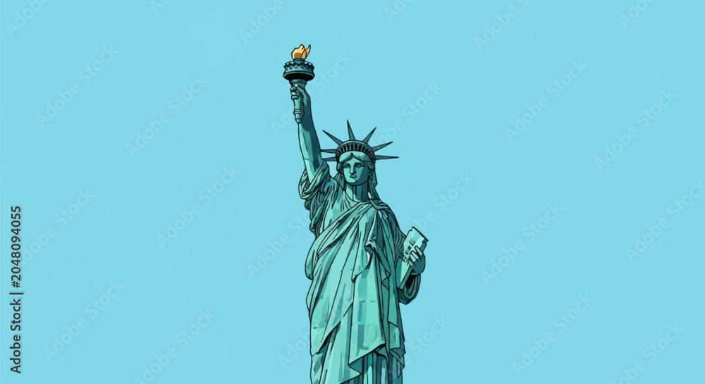 Fototapeta premium Graphic vector illustration of the Statue of Liberty landmark featuring thick black outlines and cel-shading, holding torch and tablet, isolated on a solid light blue background.