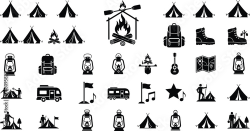 Fotografía Camping and Outdoor Adventure Icon Set Collection Featuring Tent Campfire Backpa