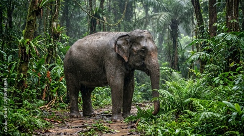 Tableau sur toile Young elephant standing in a dense green tropical jungle