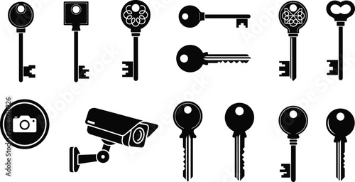 Cuadro en lienzo Security Key and Surveillance Camera Silhouette Collection with Access Control P