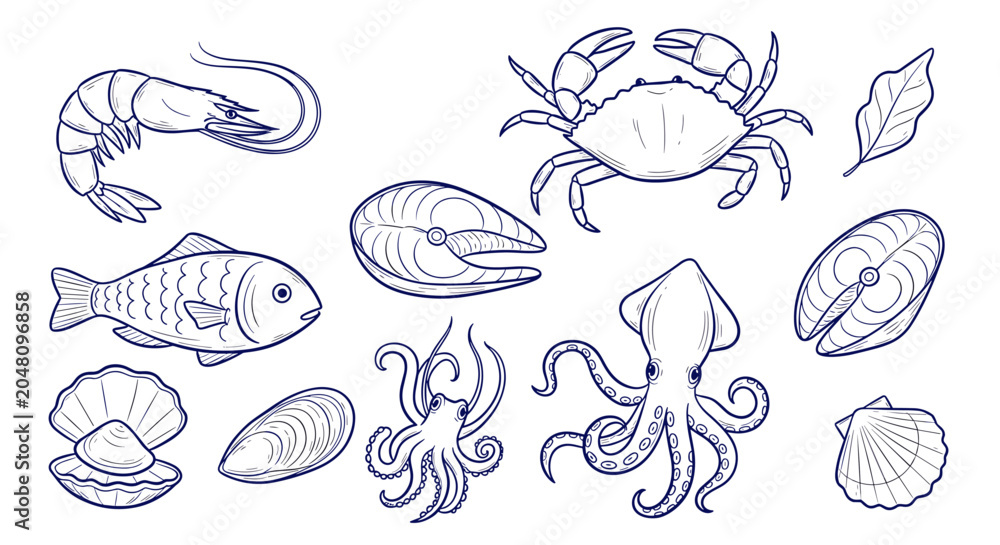 Fototapeta premium Vector illustration set of seafood icons, including shrimp, fish, crab, squid, octopus, and shellfish, with a hand-drawn line art style