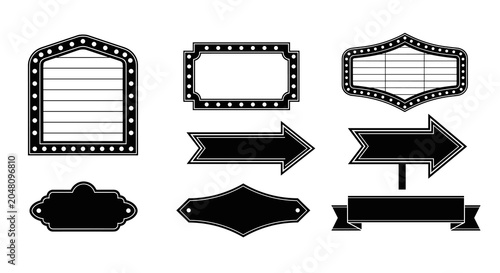 Collection of vintage marquee sign frames and retro arrow shapes, graphic design elements with light bulbs, isolated on white background