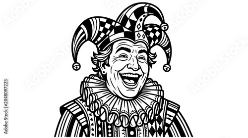 Tableau sur toile Jester Costume Portrait, Medieval Court Entertainer, Cheerful Joker Face, Black