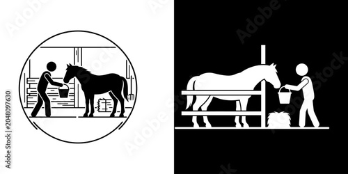 Foto Monochromatic graphic illustrating a person feeding a horse inside a stable, sym