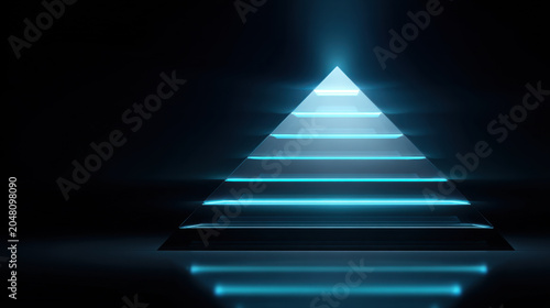 Glowing glass pyramid with six bright tiers dark background blue light abstract geometric shape futuristic design reflective surface digital art mystery night scene