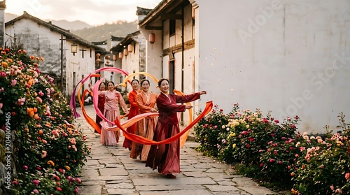 Traditional ribbon dancers performing in a historic village street