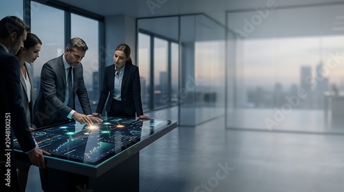 Professional team analyzing data on digital interactive table