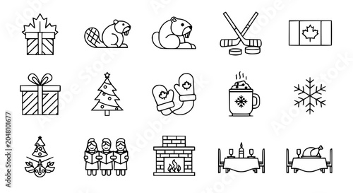 Fotografía Canadian Winter Icons: Maple Leaf, Beaver, Hockey, Christmas, Hot Chocolate, Sno