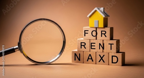 Magnifying glass inspecting wooden blocks spelling FOR RENT with house model on desk in warm light
