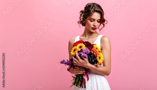 A woman in a white dress with updo hair holds a colorful bouquet against a pink backdrop, gazing down at the flowers
