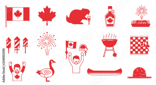 Canvas Print Canadian Icons Collection: Maple Leaf, Beaver, Flag, Fireworks, Canoe - Red Vect