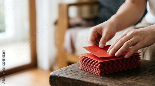 Person stacking traditional red envelopes for lunar new year