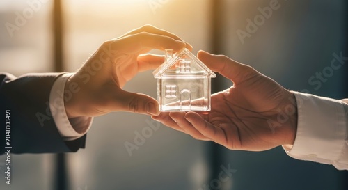Close-up hands holding transparent 3D printed house model against blurred modern interior background