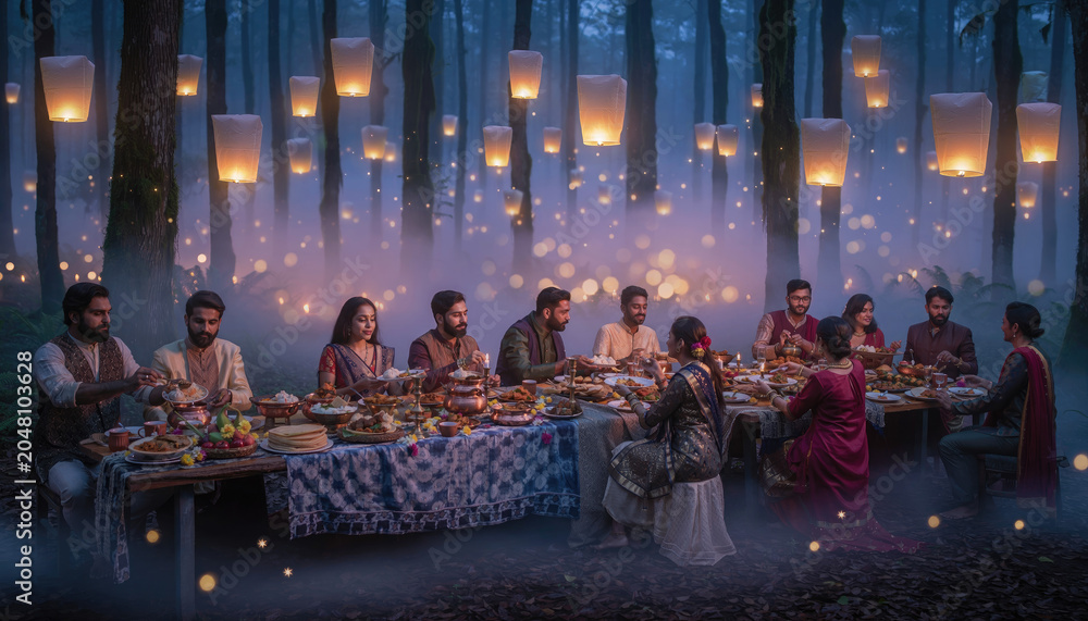 Obraz premium Large group dining at long table under floating lanterns outdoors.
