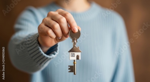 Holding house key close up