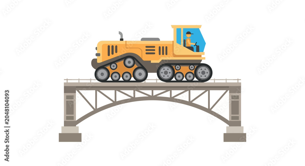 Fototapeta premium Yellow Tractor with Tracks Crossing a Bridge