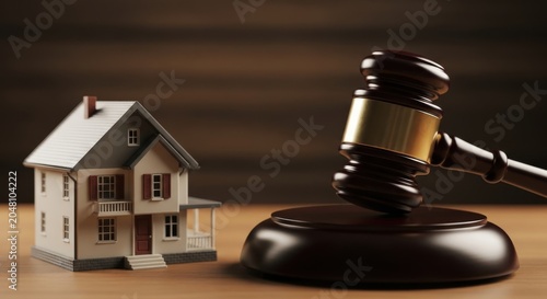 Real Estate Auction Gavel and Model House on Wooden Desk