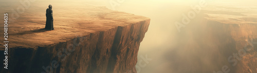 Cloaked traveler at the edge of a hazy desert canyon