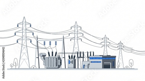 Electrical substation with power lines and transformer station illustration Vector