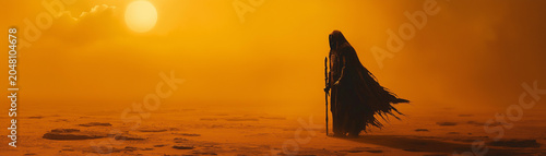 Wanderer with a staff in a glowing desert at dusk