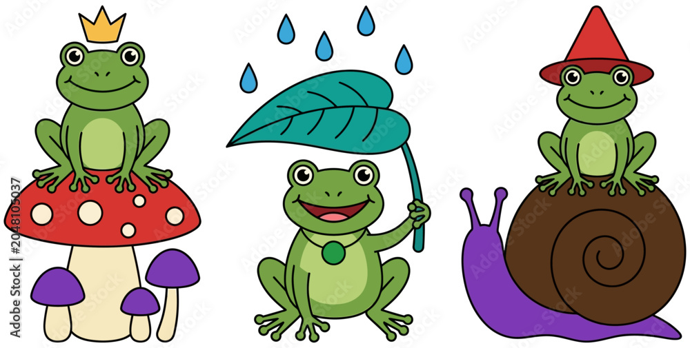 Fototapeta premium Three charming cartoon frogs in distinct poses one wearing a crown on a mushroom another holding a leaf as an umbrella and the third sitting atop a snail cute animal illustration