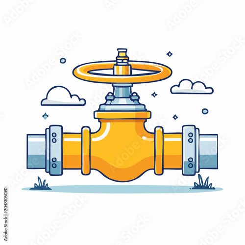 Yellow Industrial Valve with Pipe and Clouds