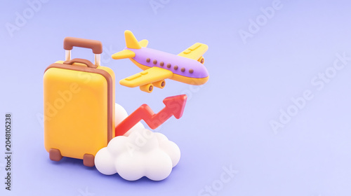 Airplane and suitcase with rising graph symbolizing travel cost increase, business growth, and economic trends