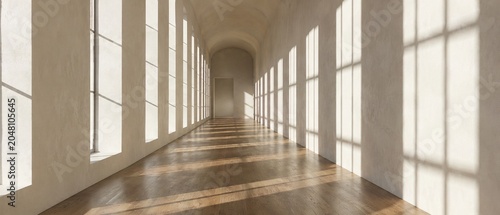 Elegant Sunlit Architectural Corridor with Grand Perspective and Natural Light