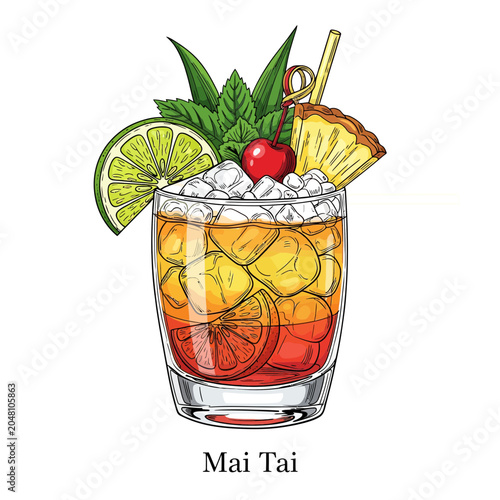 Vibrant Mai Tai tropical mixed drink with ice, garnished with pineapple, lime, and mint, a perfect refreshing beverage for summer parties and celebrations