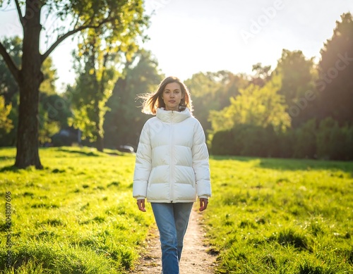 A woman in a white puffer coat walks towards camera on a path in a park, sunlight shines