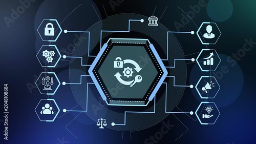  Cyber security data synchronization background featuring a central lock and gear update cycle network.