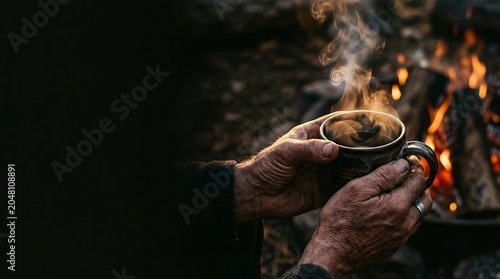 Weathered hands holding steaming hot mug by campfire at night