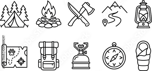 Camping outdoor adventure line icon set featuring tent forest campfire ax knife mountain trail lantern map backpack stove compass sleeping bag vector graphic design.