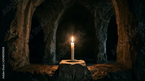 Burning candle on a stone altar in a dark ancient crypt
