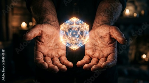 Man holding a glowing geometric crystal in weathered hands