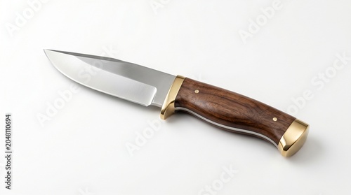 Hunting knife with wooden handle isolated on white background