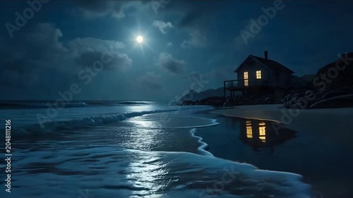 Moonlit Coastal Cottage on Quiet Shoreline with Gentle Waves and Reflections at Blue Hour Night
