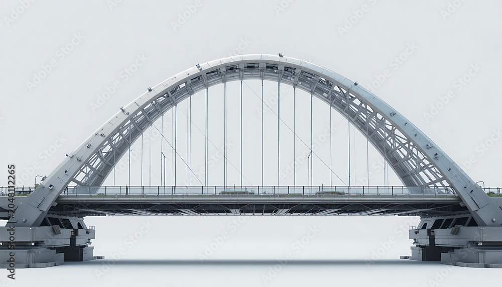 Fototapeta premium Modern Steel Arch Bridge Over Calm River in Minimalist Winter Landscape