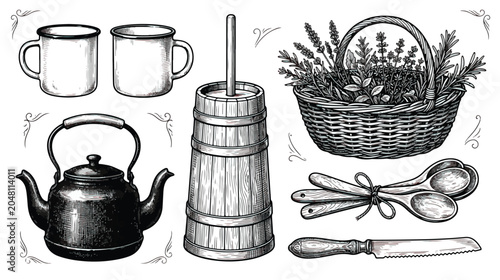 Foto Vintage farmhouse kitchen set, rustic hand drawn vector collection, antique butt