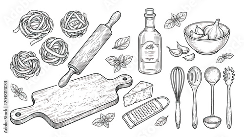 Bild auf Leinwand Vintage Italian pasta cooking set vector, hand drawn kitchen utensils and ingred